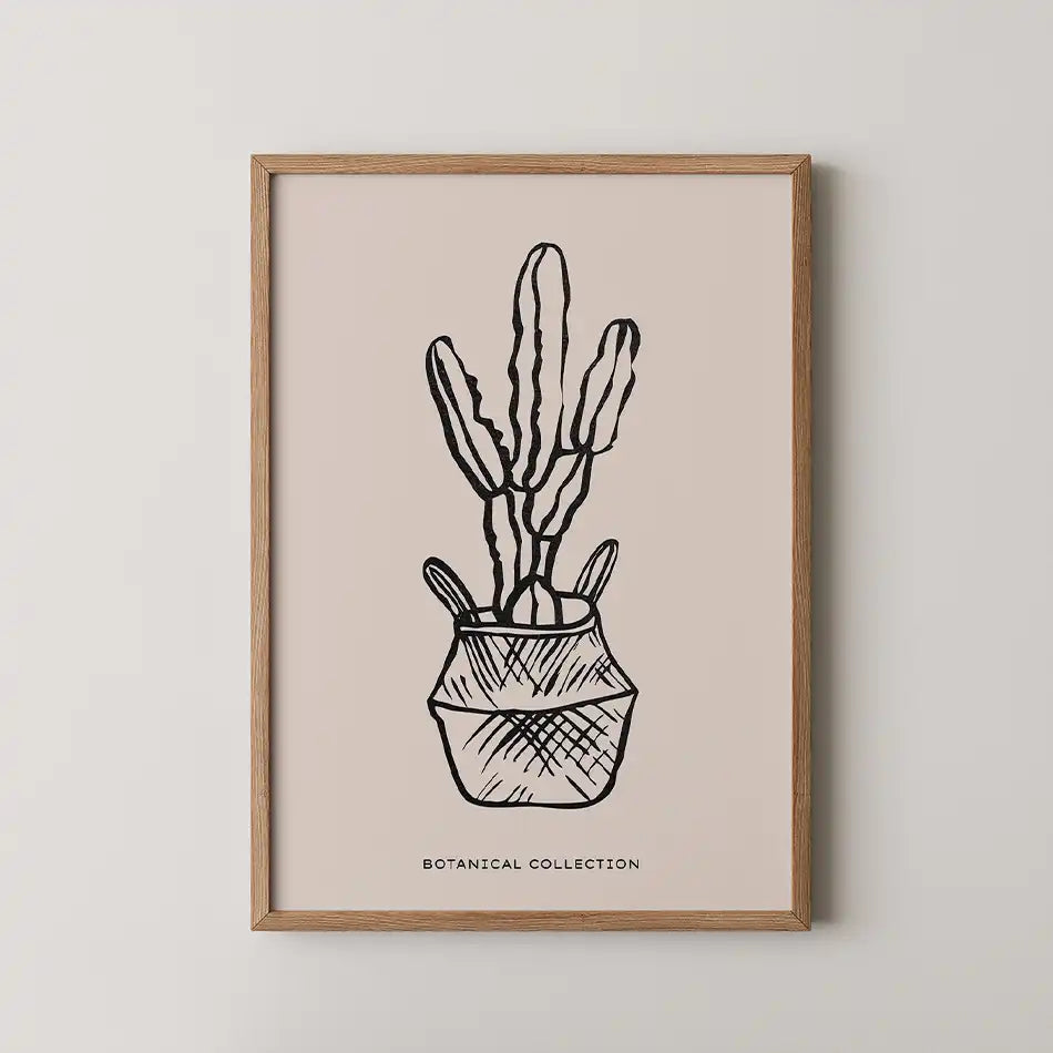 Modern cactus art print featuring a hand-drawn cactus in a stylish pot on a pastel pink background, part of the Botanical Collection.