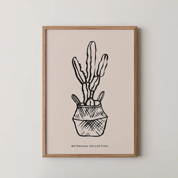 Modern cactus art print featuring a hand-drawn cactus in a stylish pot on a pastel pink background, part of the Botanical Collection.