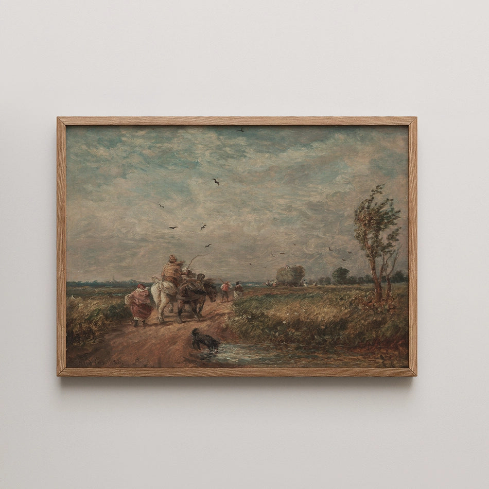 Painting of a rural landscape featuring a horse-drawn cart, figures walking along a dirt path, and a blue sky with clouds, framed in wood.