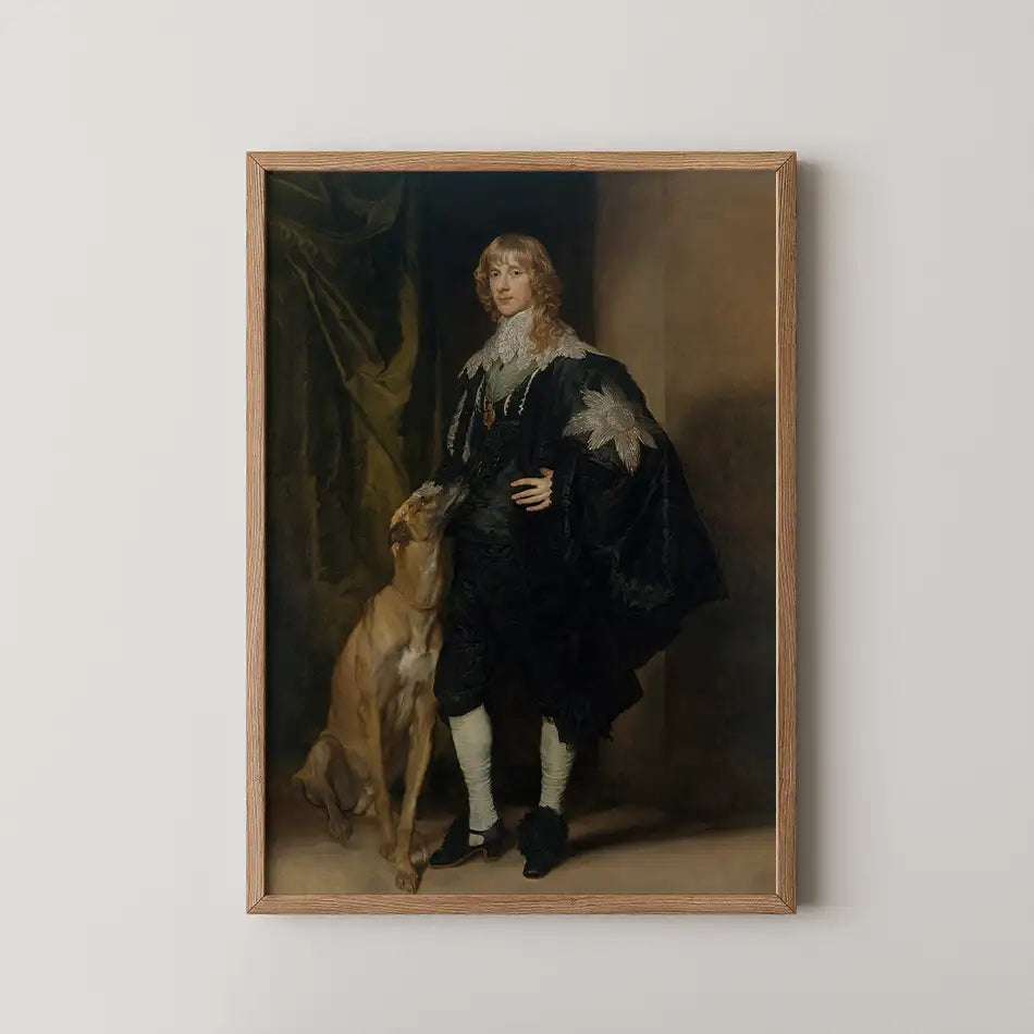 Portrait of a man in historical attire standing beside a greyhound dog, framed and displayed on a wall.
