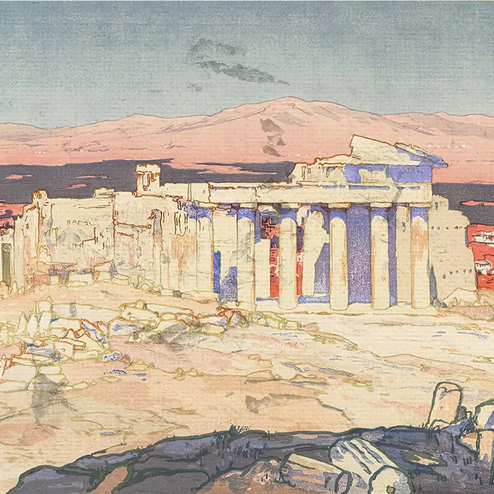 Digital artwork of ancient ruins with columns against a pastel sky, depicting a serene landscape suitable for home decor.