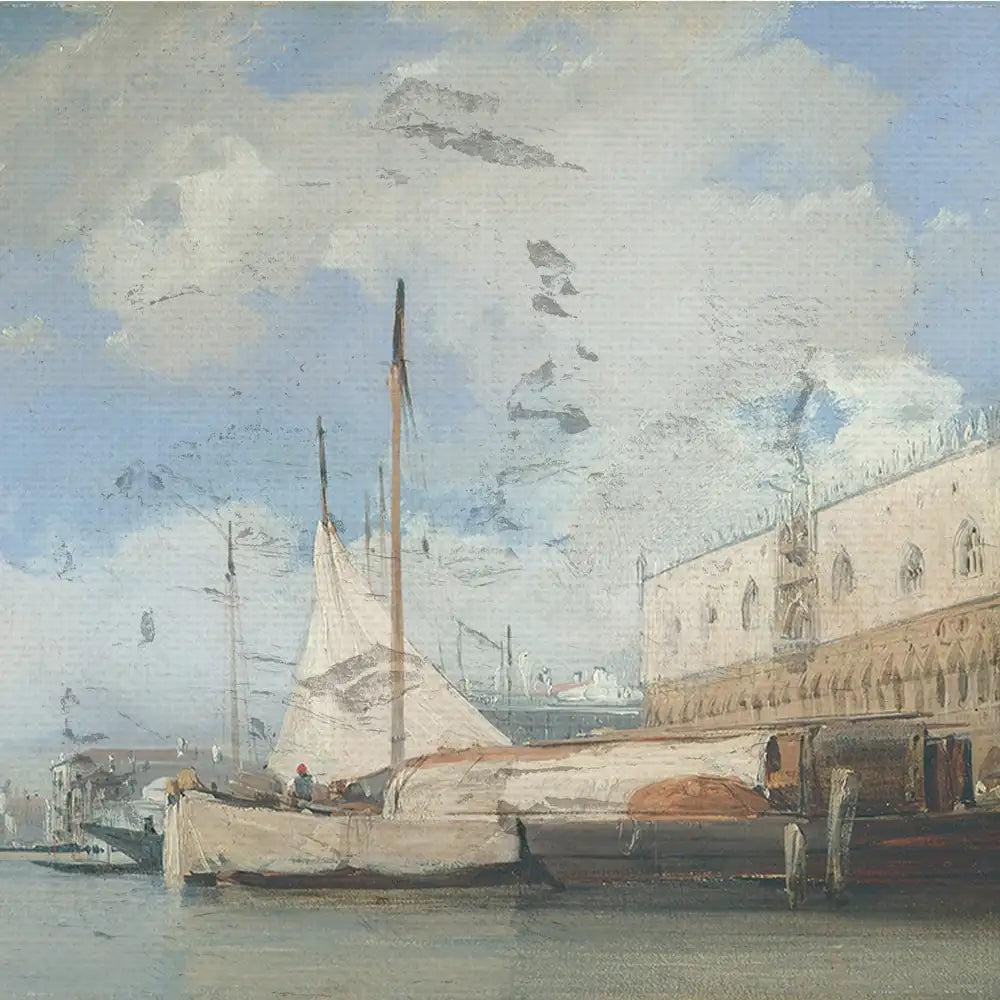 Painting of boats docked at a waterfront with a cloudy sky and historical buildings in the background.