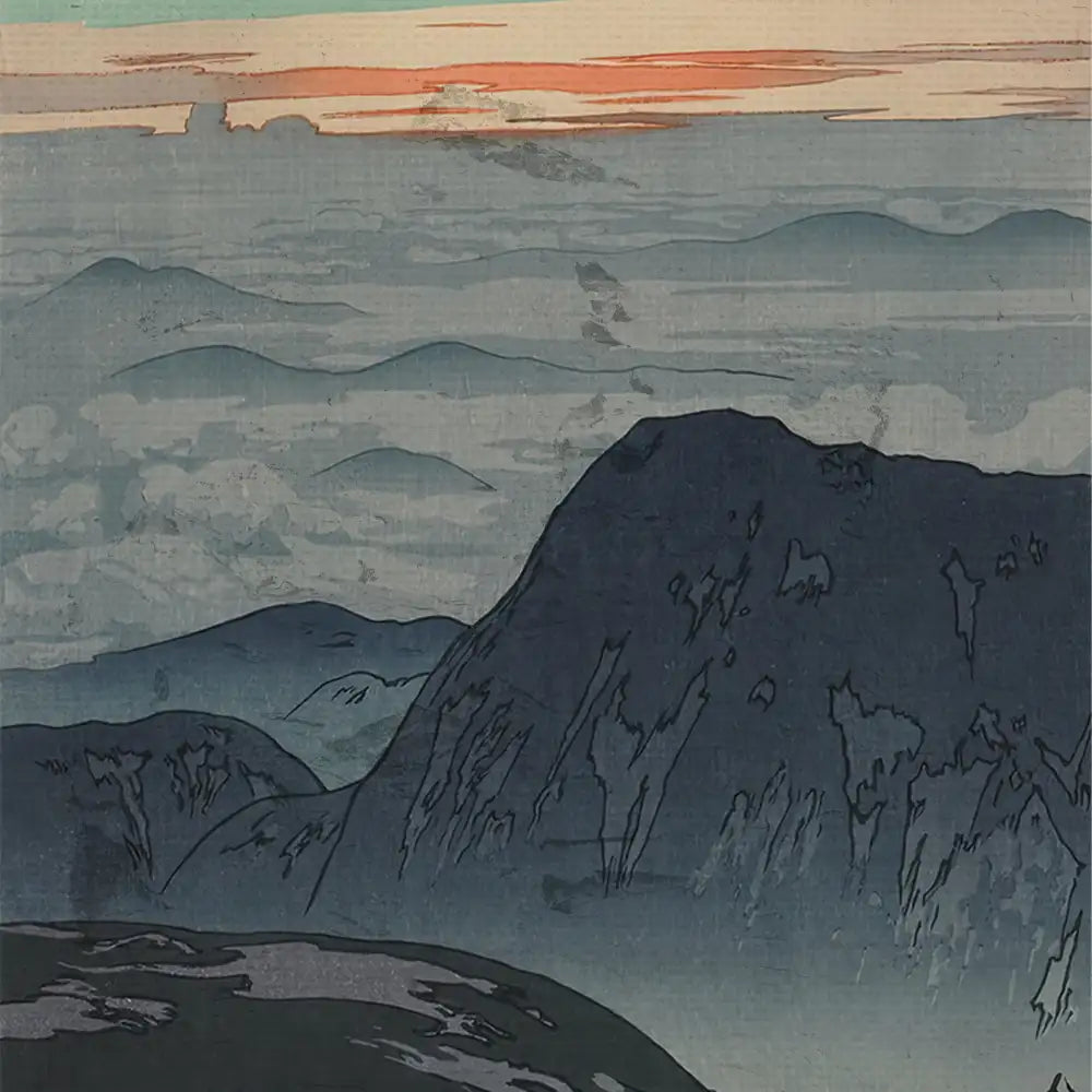 Landscape painting featuring mountains and a subtle sunset over clouds.