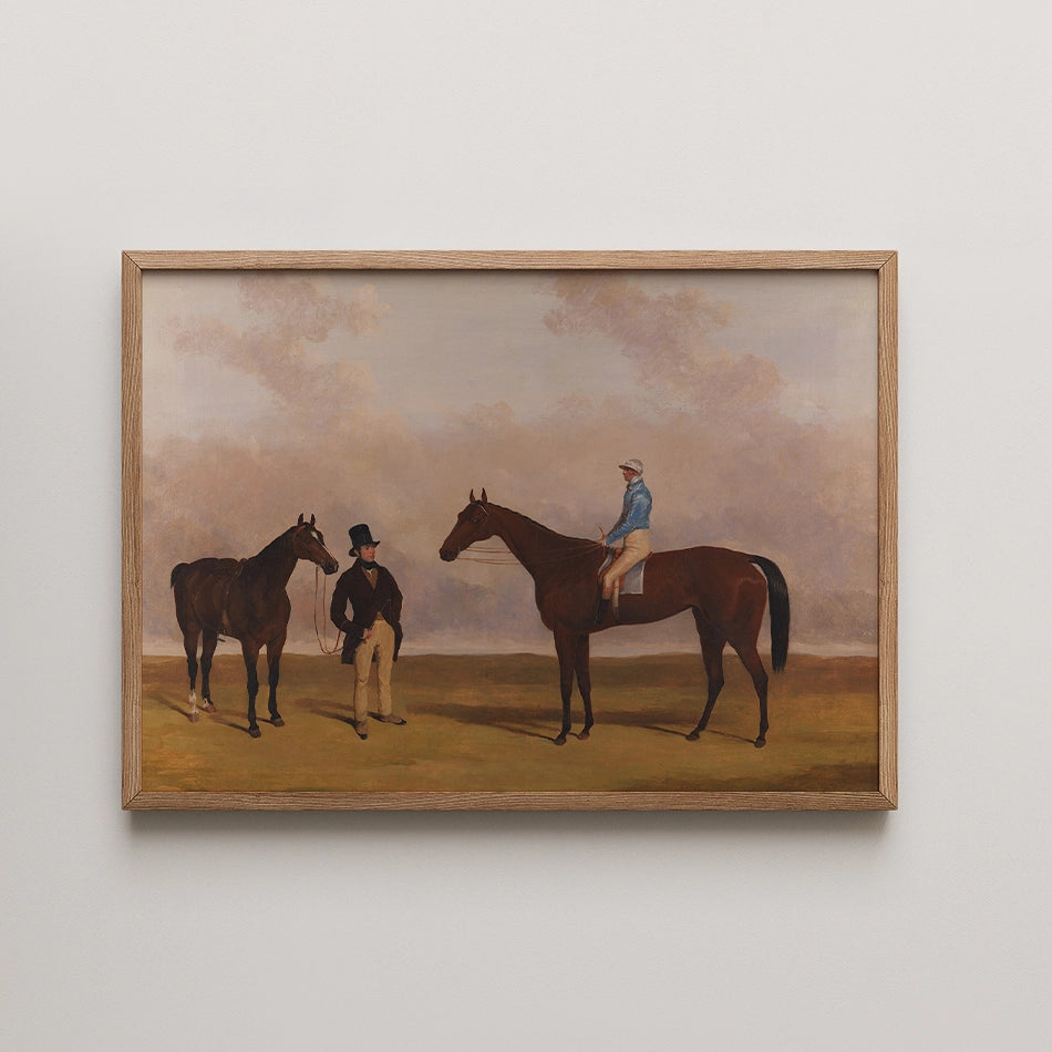 Painting of two horses and two men, one standing next to a horse and the other seated on a horse, set against a cloudy sky.