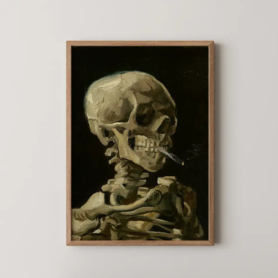 Painting of a skeleton holding a cigarette, framed in wood, with a dark background.