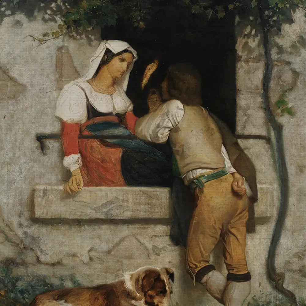 A detailed painting depicting a young woman in traditional clothing seated at a window, engaging with a man dressed in historical attire, with a dog resting at their feet.