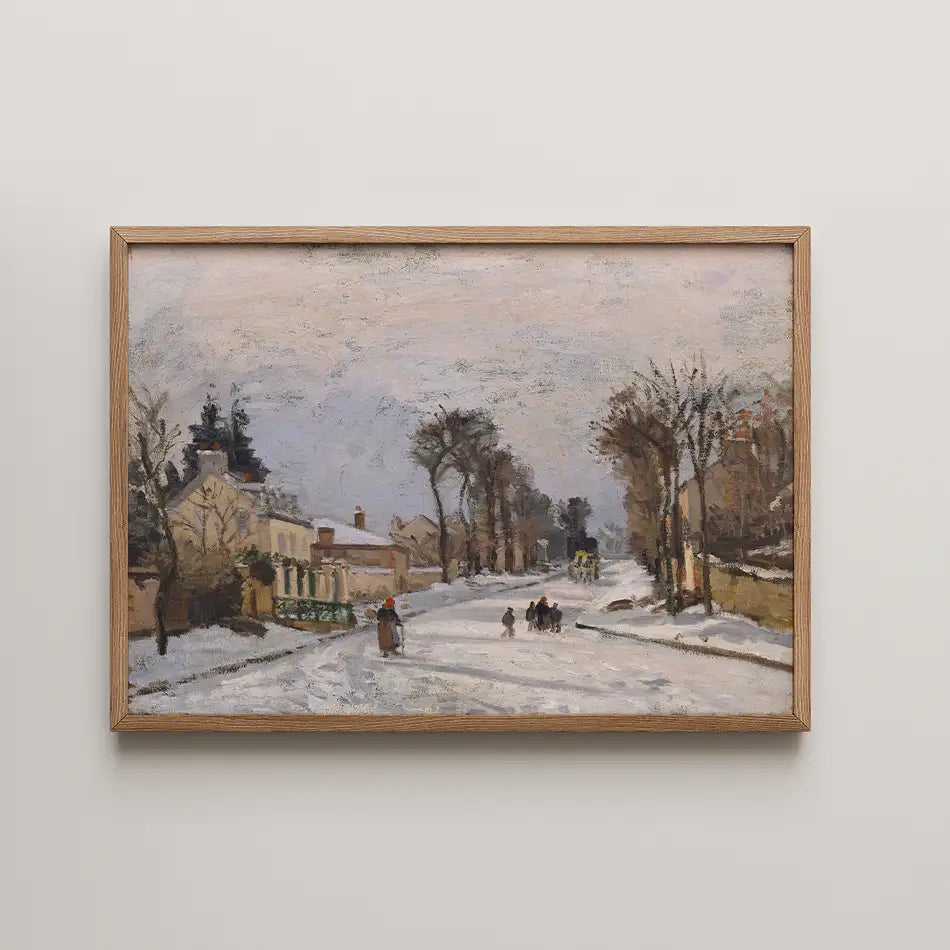 Painting of a winter street scene with people walking and trees lining the road, framed in wood.