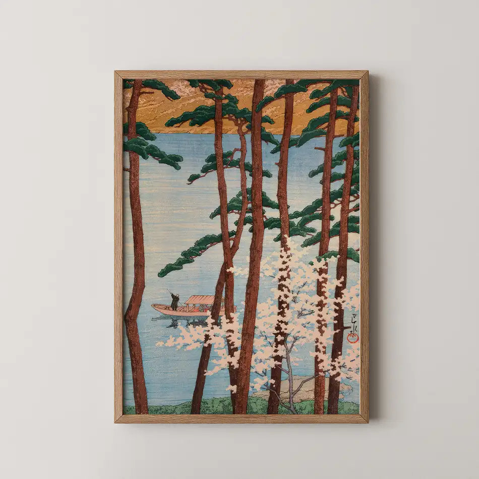 Framed painting of a serene landscape featuring trees and a boat on water, with cherry blossoms and soft colors.