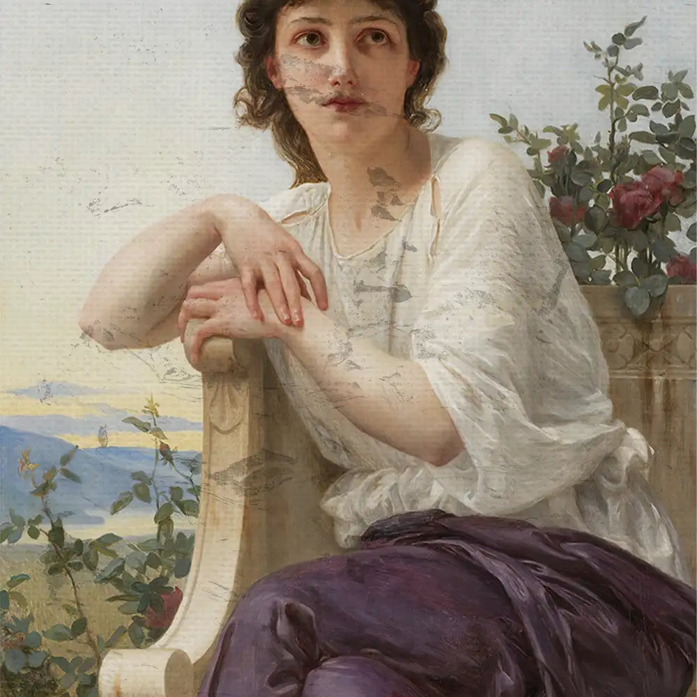 Portrait of a young woman in a white dress sitting on a bench, with a serene expression, surrounded by flowers and mountains in the background.
