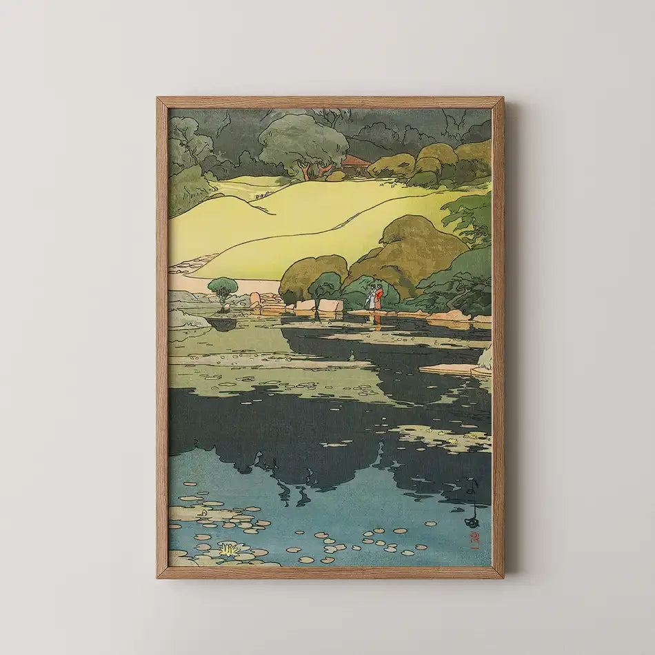 Framed painting of a serene landscape featuring a pond with lily pads, surrounded by lush greenery and a figure in red walking along the shore.