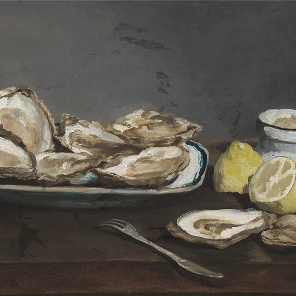Still life painting featuring a plate of oysters, sliced lemons, and a small bowl.