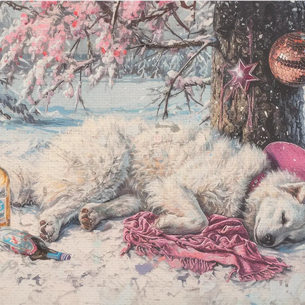 Cozy white wolf sleeping in the snow, surrounded by pink flowers and winter decor, with bottles nearby, capturing a serene winter scene.