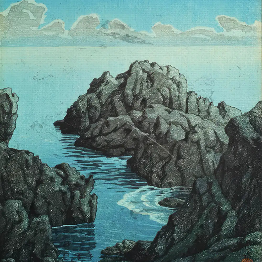 Rocky coastline painting with turquoise water and blue sky, featuring textured rocks and serene waves.