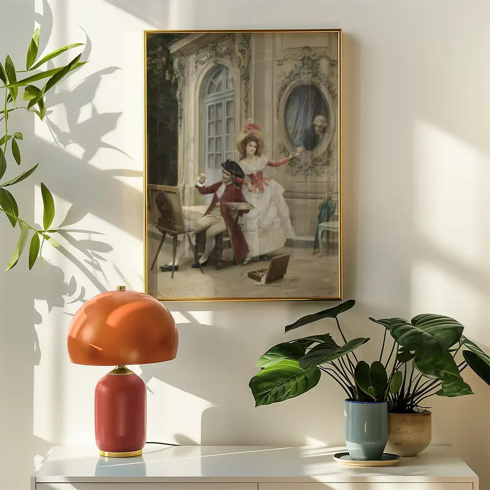 Framed vintage painting featuring a scene of people in historical attire, placed above a modern lamp and potted plants on a light surface.
