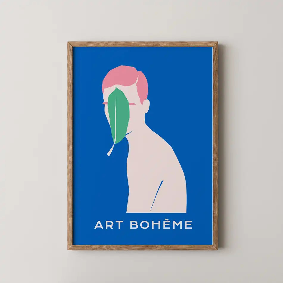 Alt text: Contemporary art print titled 'Leaf Muse' featuring a stylized figure with pink hair partially obscured by a green leaf against a royal blue background, showcasing modern minimalism and vibrant color.