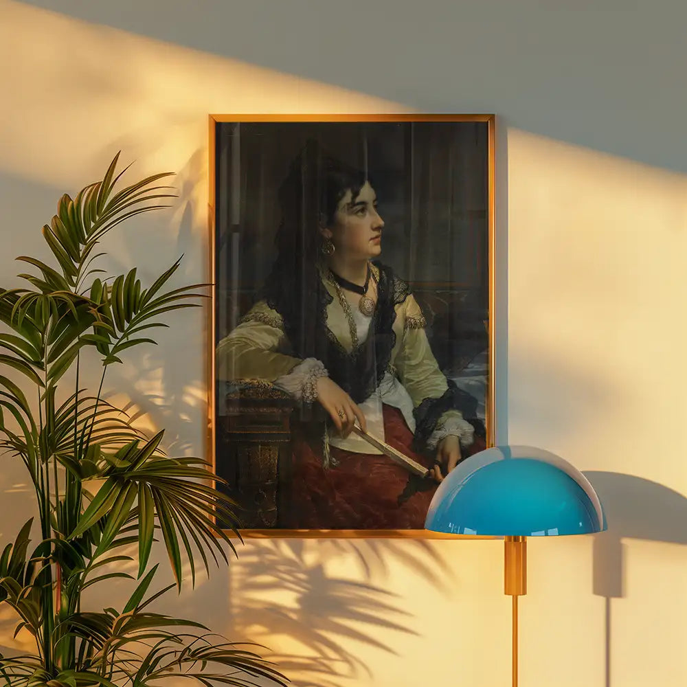 Portrait of a woman in historical attire, framed and displayed against a wall with soft lighting, alongside a decorative lamp and greenery.