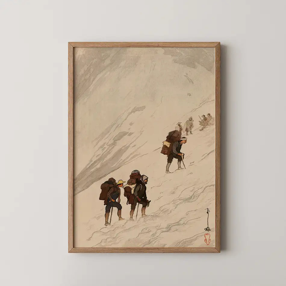 Painting of climbers ascending a snowy mountain, framed in natural wood.
