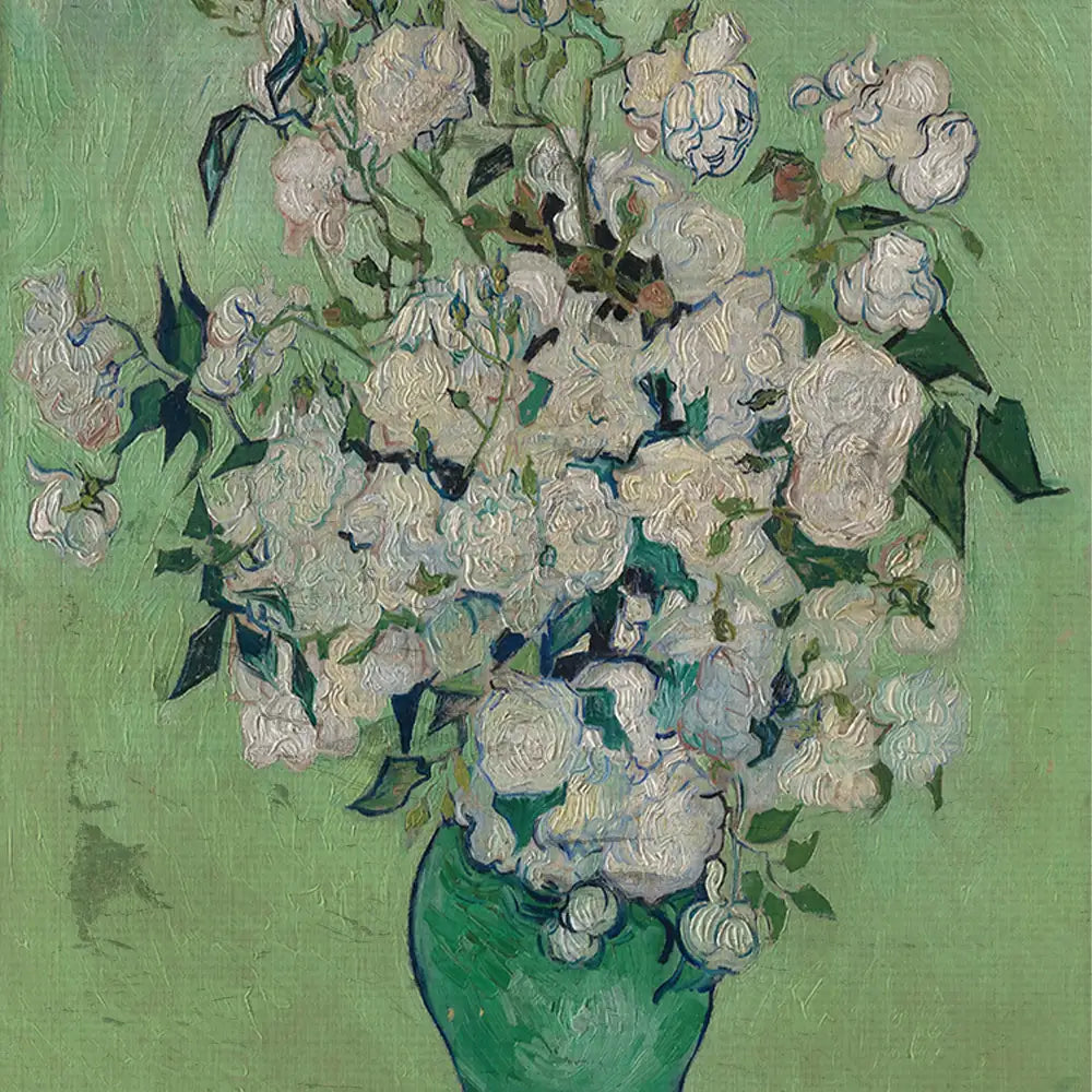 Painting of a vase filled with white flowers set against a soft green background.