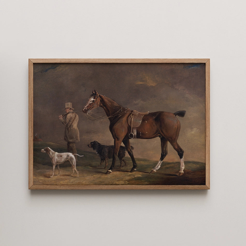 A classic painting featuring a horse and two dogs, with a gentleman in a top hat in the background, displayed in a wooden frame.