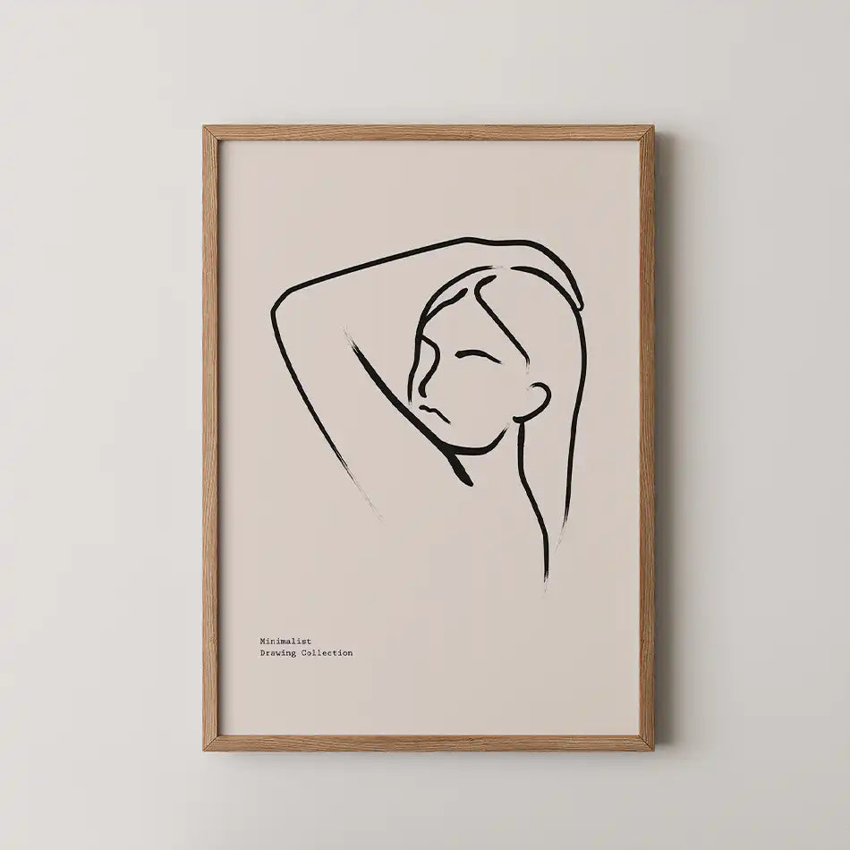 Minimalist line art print of a woman in motion, featuring fluid black strokes on a soft beige background, framed in wood, perfect for modern home decor.