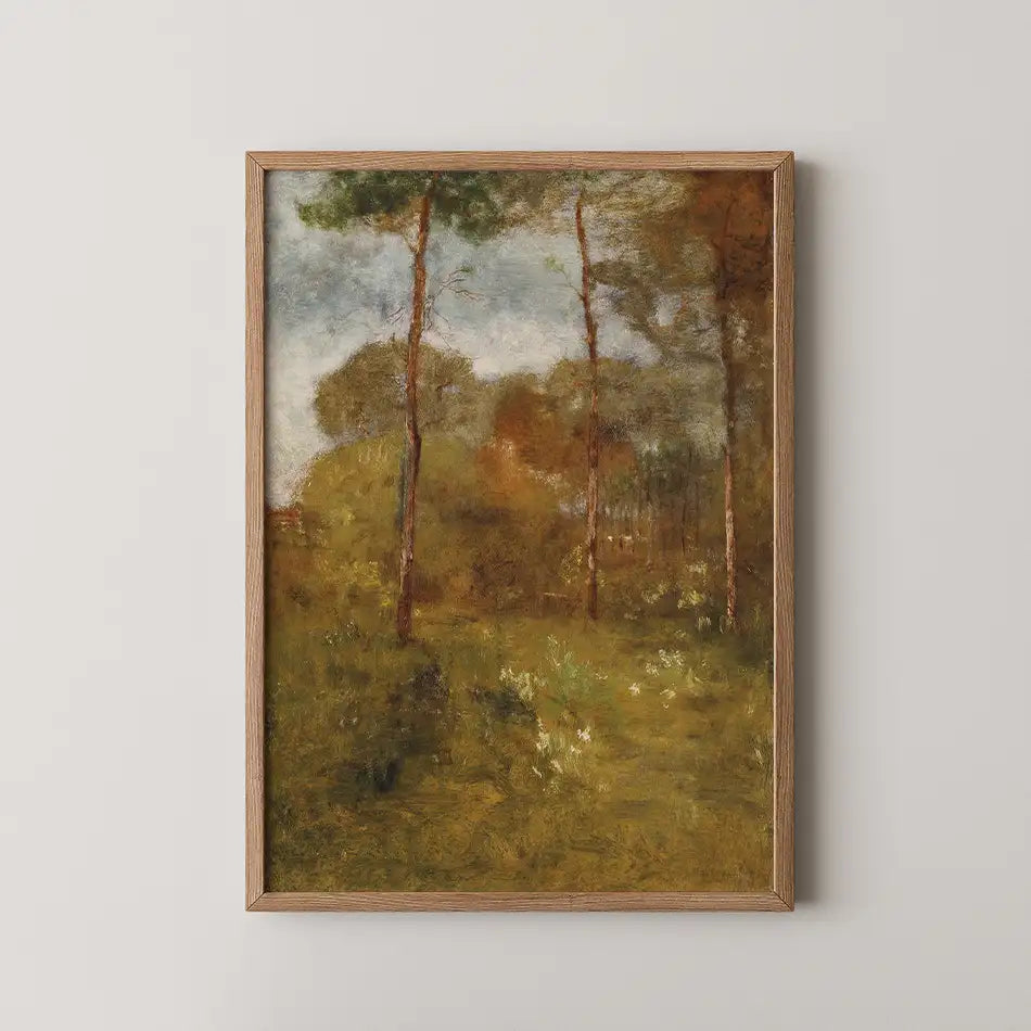 Framed painting of serene forest scenery with green grass and trees under a cloudy sky.