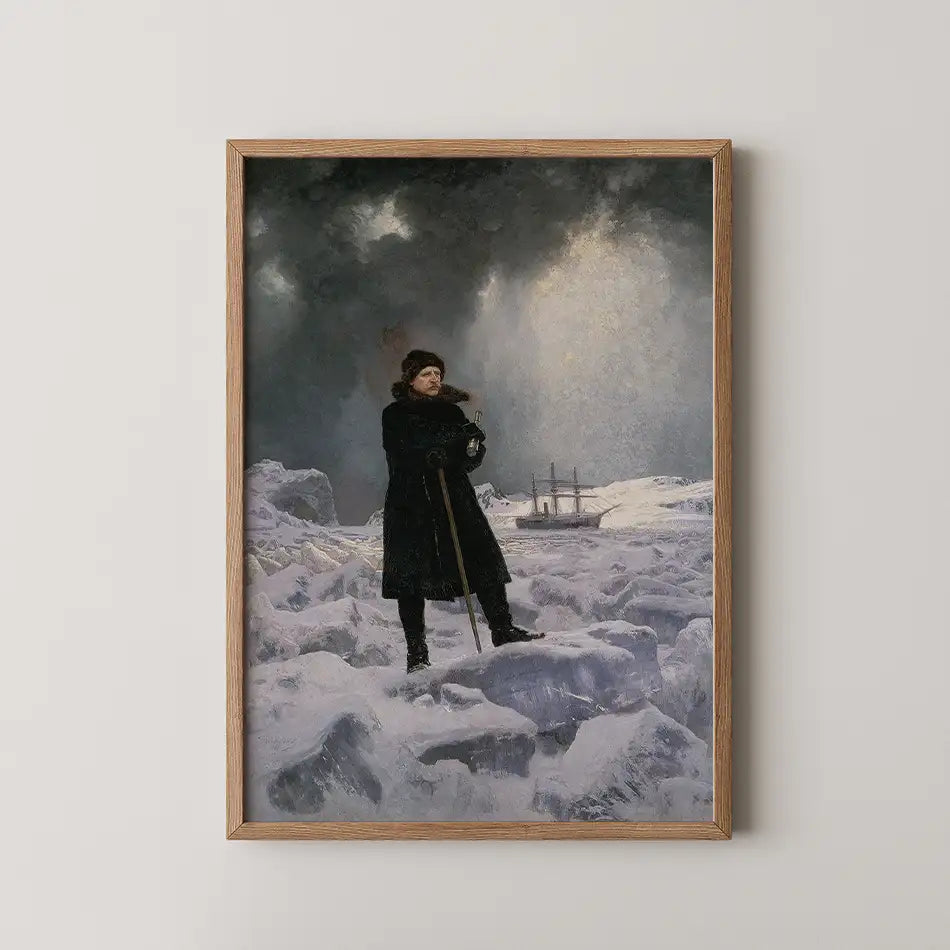 Painting of a figure standing on ice with a landscape of icebergs and a ship in the background, framed in wood.