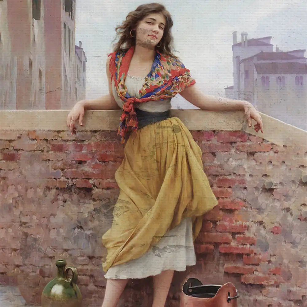 A woman wearing a colorful scarf and a yellow skirt leaning against a brick wall with a green pot and a brown bag at her feet, set in a softly lit urban background.