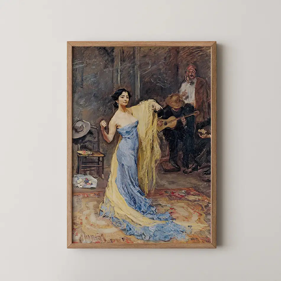 Painting of a woman in a flowing blue and yellow dress, posing with her arms raised, surrounded by musicians in a lively setting.
