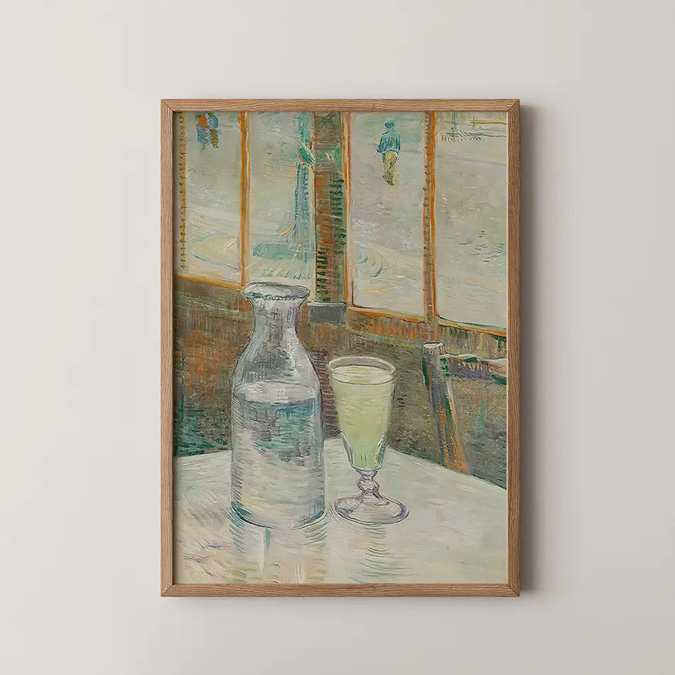 Painting of a glass pitcher and a glass on a table with a blurred background of windows and figures, framed in wood.