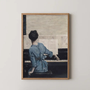 Painting of a woman in a blue dress seated at a piano, seen from behind, with music sheets and a softly textured background.