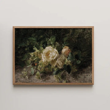 A framed painting of white roses surrounded by green leaves against a dark background.