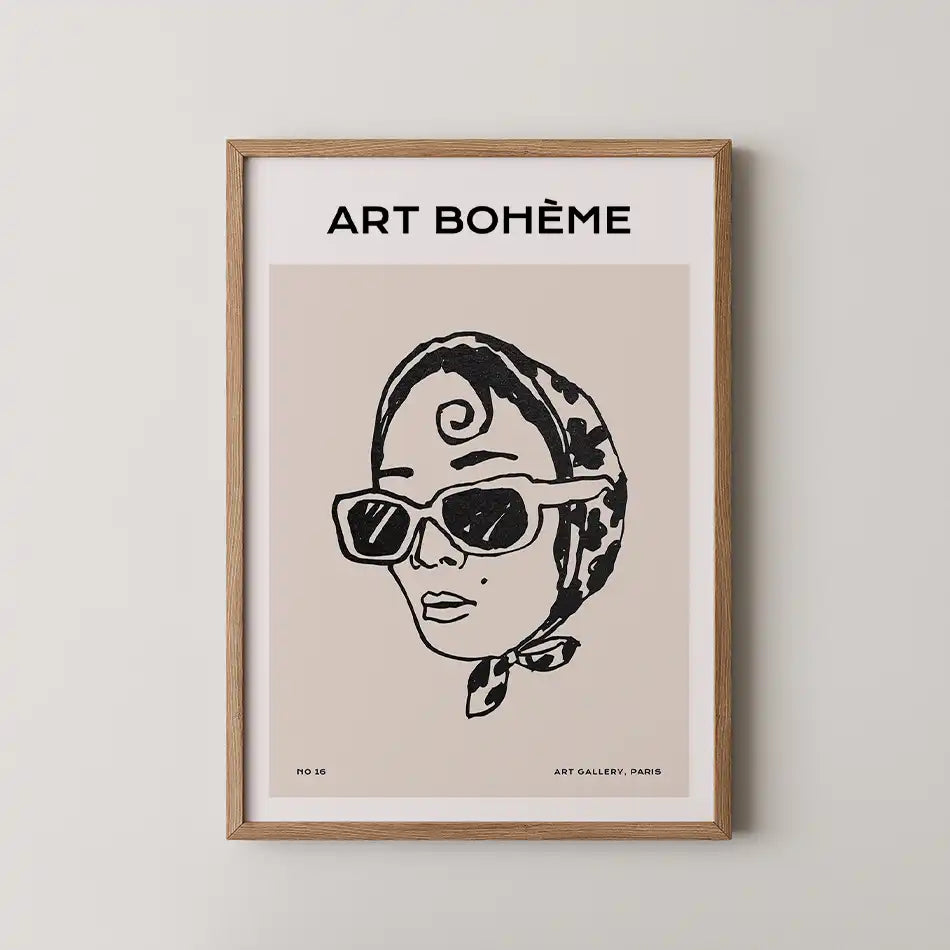 Stylish portrait print featuring a fashionable woman in oversized sunglasses and a chic headscarf, with the text 'ART BOHÈME' on a soft beige background, perfect for modern bohemian decor.