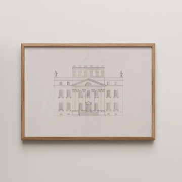 Framed architectural sketch of a classical mansion with ornate details on a light background.