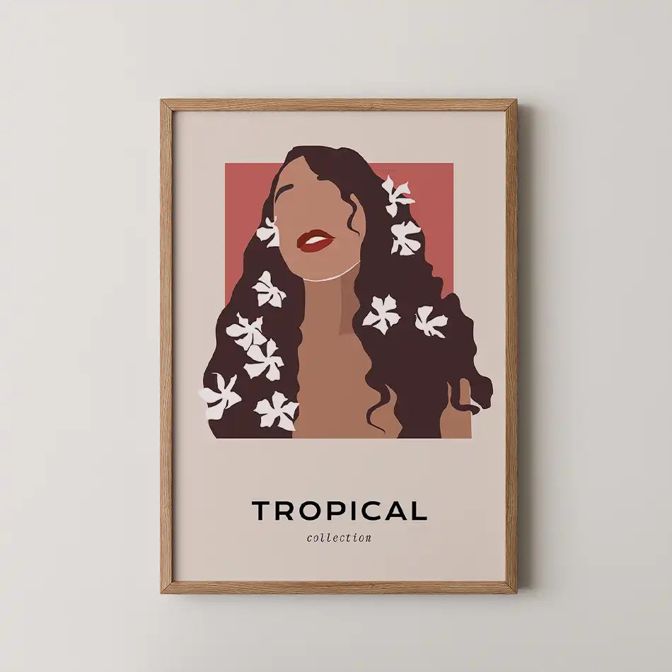 Modern art print featuring a woman with dark flowing hair adorned with white plumeria flowers, set against a soft terra cotta background with bold typography that reads 'TROPICAL'.