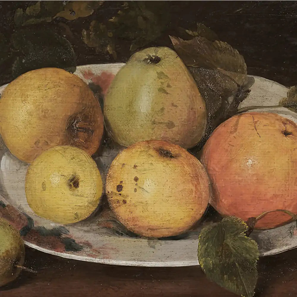 Still life painting of assorted fruits, including apples and a pear, arranged on a decorative plate.