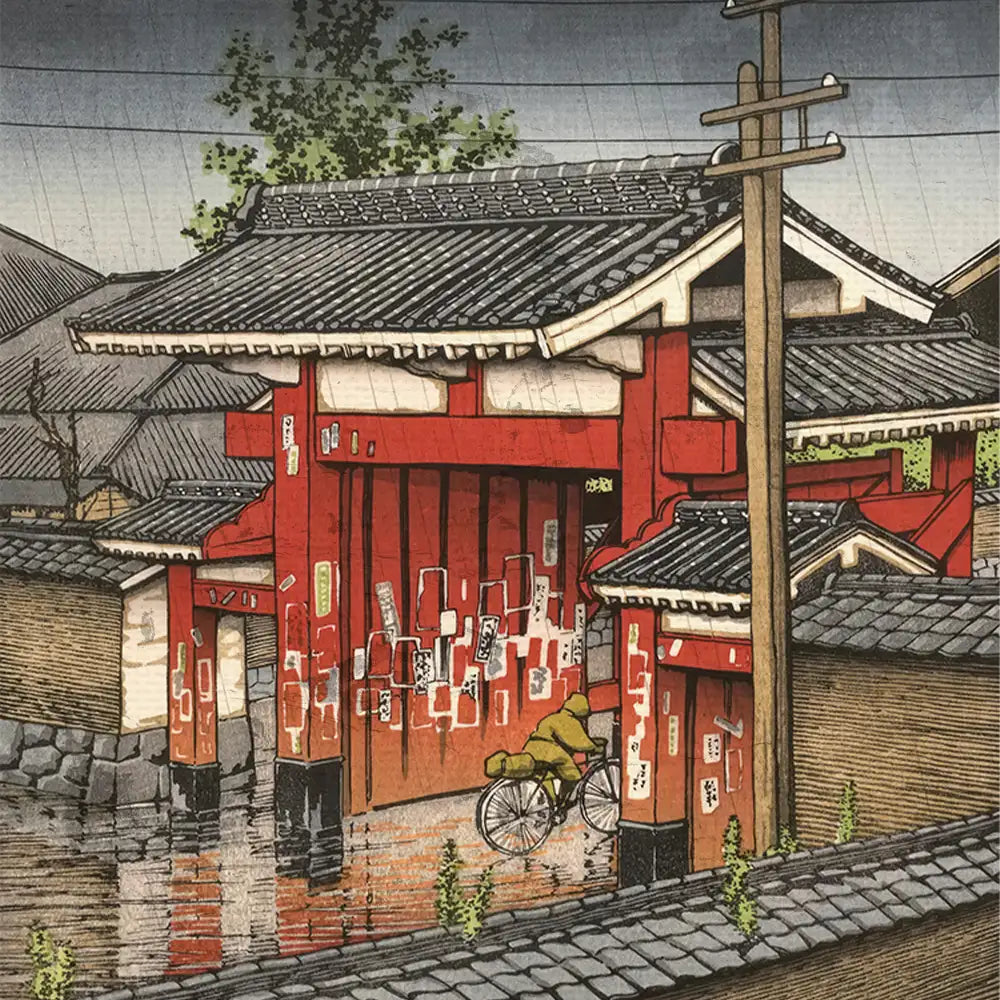 Painting of a traditional Japanese scene featuring a vibrant red gate, a cyclist, and rooftops under a rainy sky.