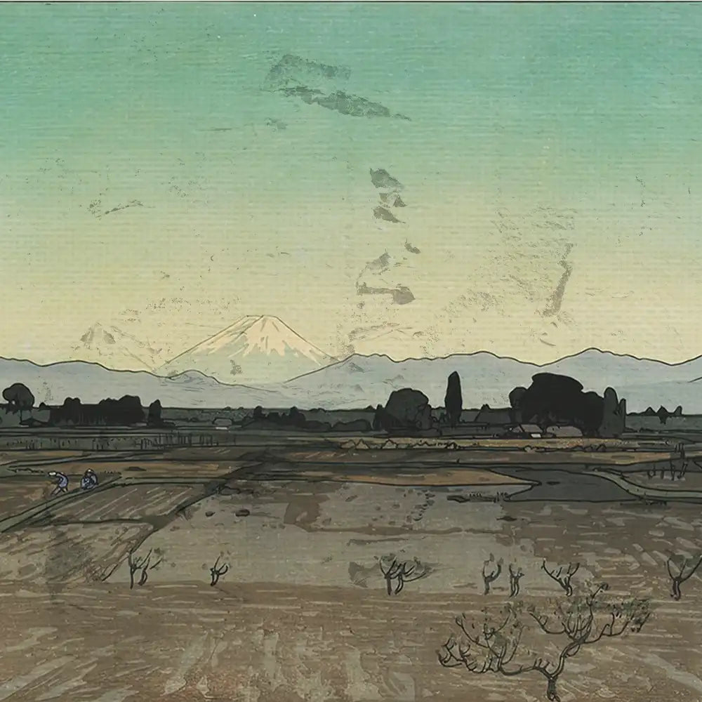 Landscape painting featuring mountains in the background, a clear sky, and agricultural fields with small figures working in the foreground.