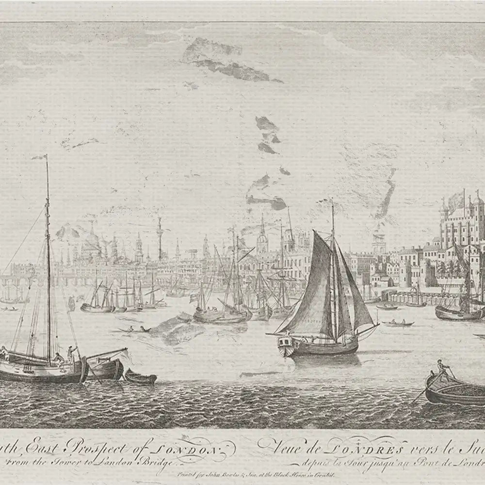 Northeast prospect view of London from the River near London Bridge, featuring boats on the water and historical architecture in the background.