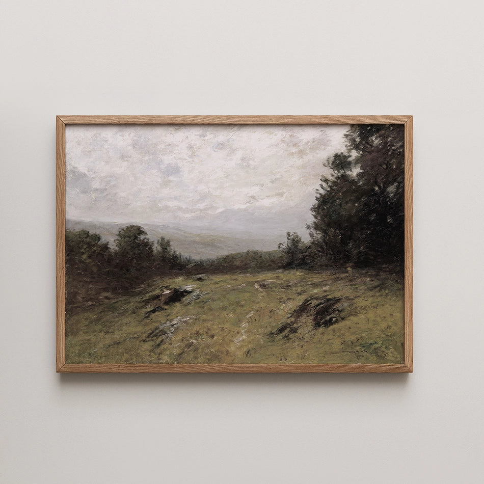 Landscape painting in a wooden frame, depicting a green meadow with scattered rocks under a cloudy sky.