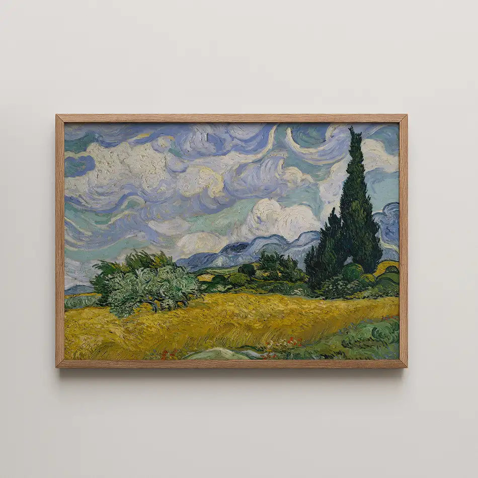 Framed painting of a vibrant landscape featuring rolling hills, a cypress tree, and dynamic swirling clouds in a bright color palette.