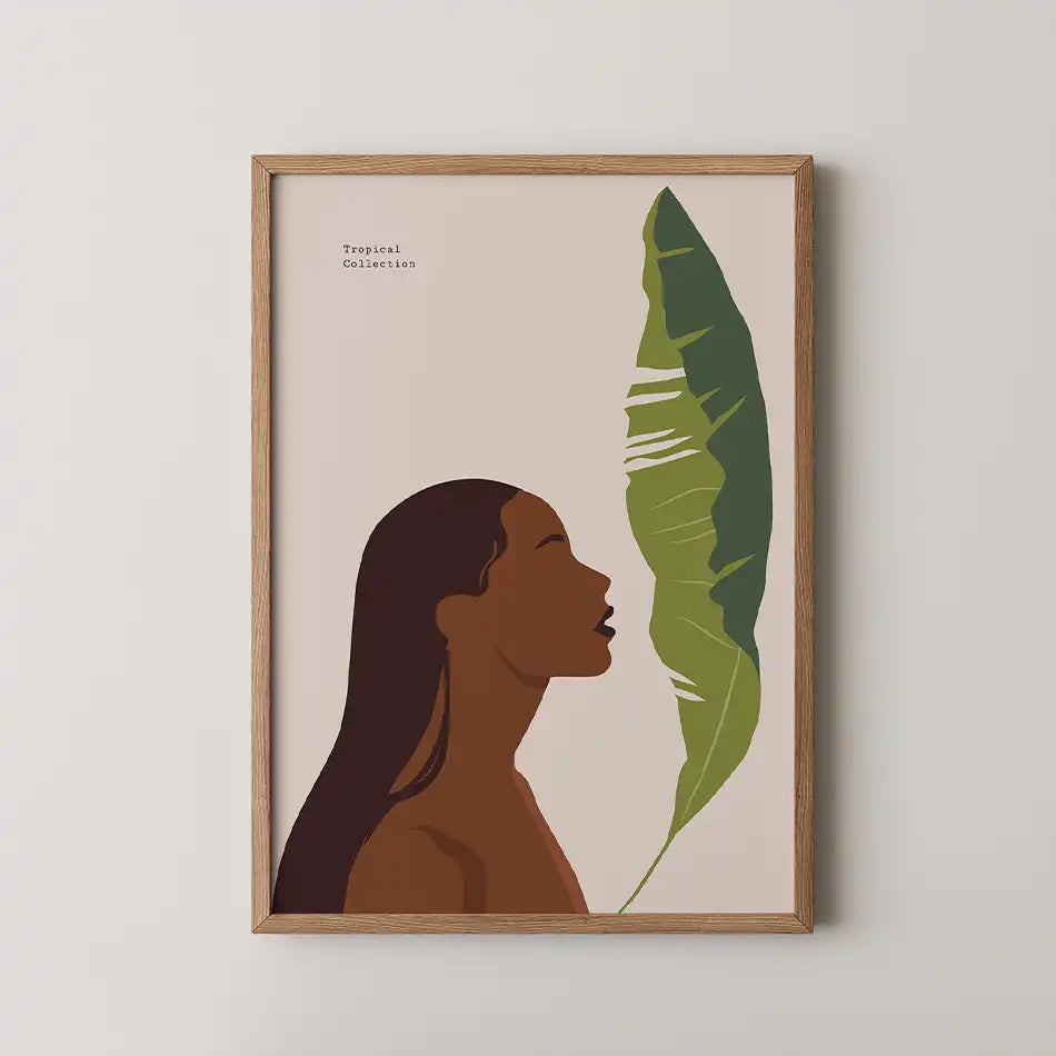 Woman with Banana Leaf minimalist art print from Tropical Collection featuring a graceful silhouette of a woman with a vibrant banana leaf against a soft earthy background."