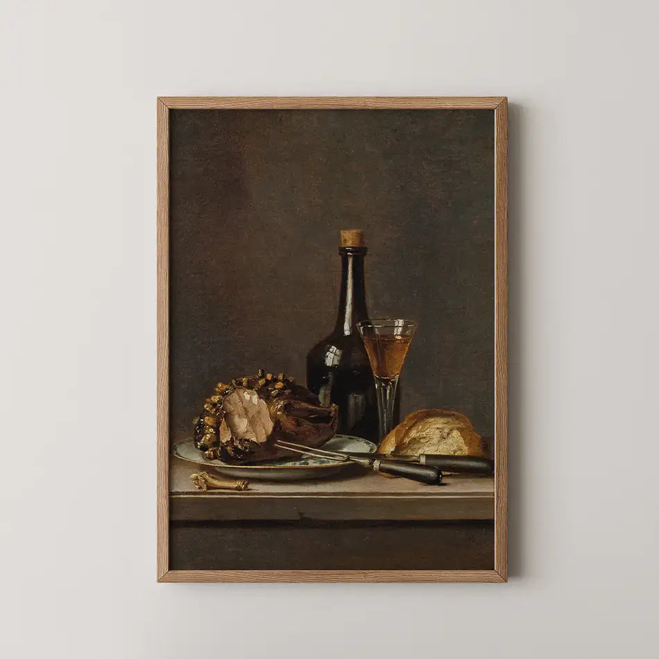 Still life painting featuring a bottle, glass of amber liquid, a plate with crab, and bread, framed with a wooden border.