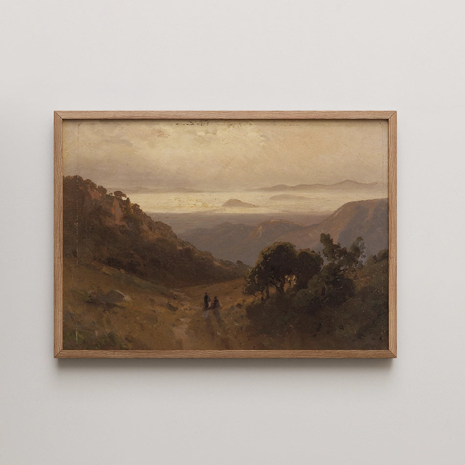Painting of a serene landscape featuring two figures walking along a path through hills and trees, with a gold and blue sky at dusk, framed in natural wood.