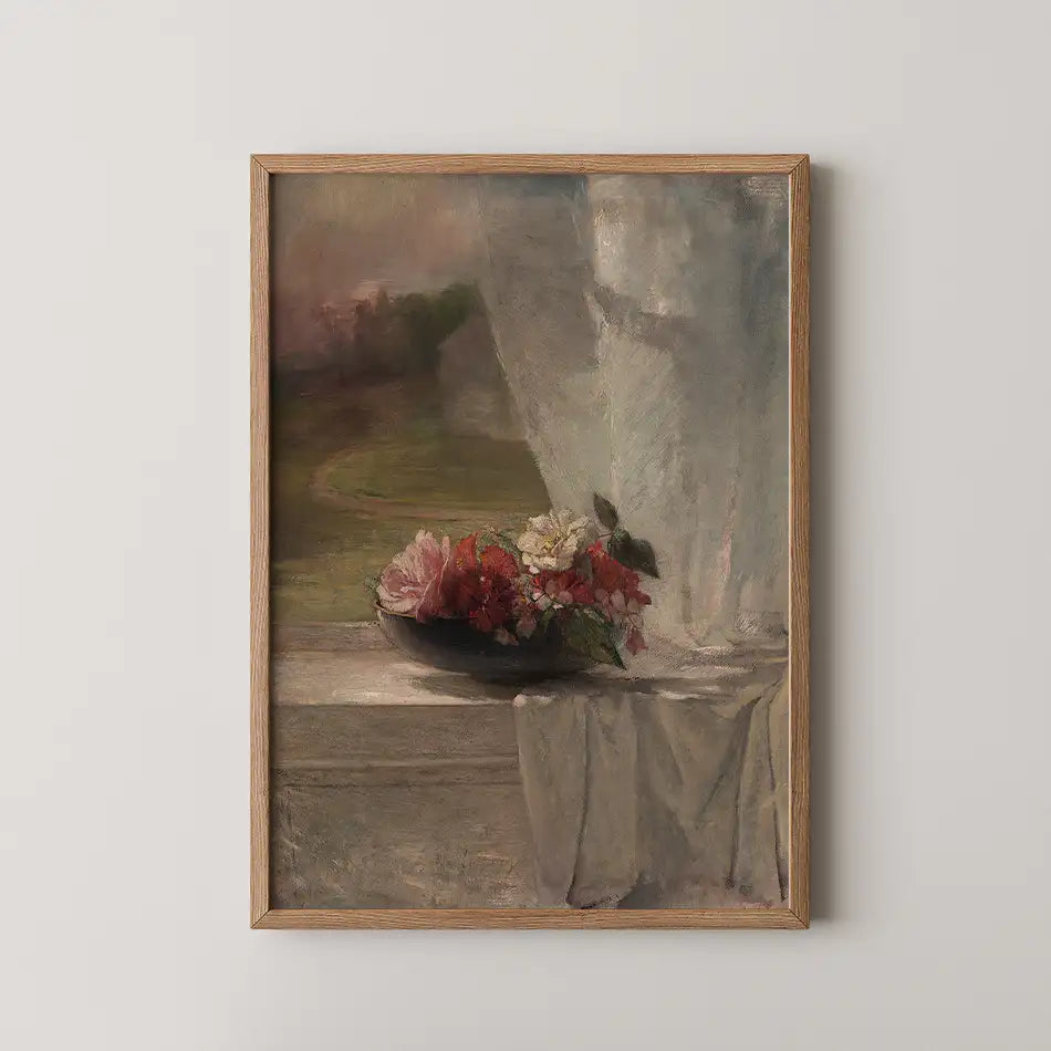 Painting of a vase with colorful flowers on a windowsill, framed in natural wood, with a soft, blurred landscape visible outside the window.