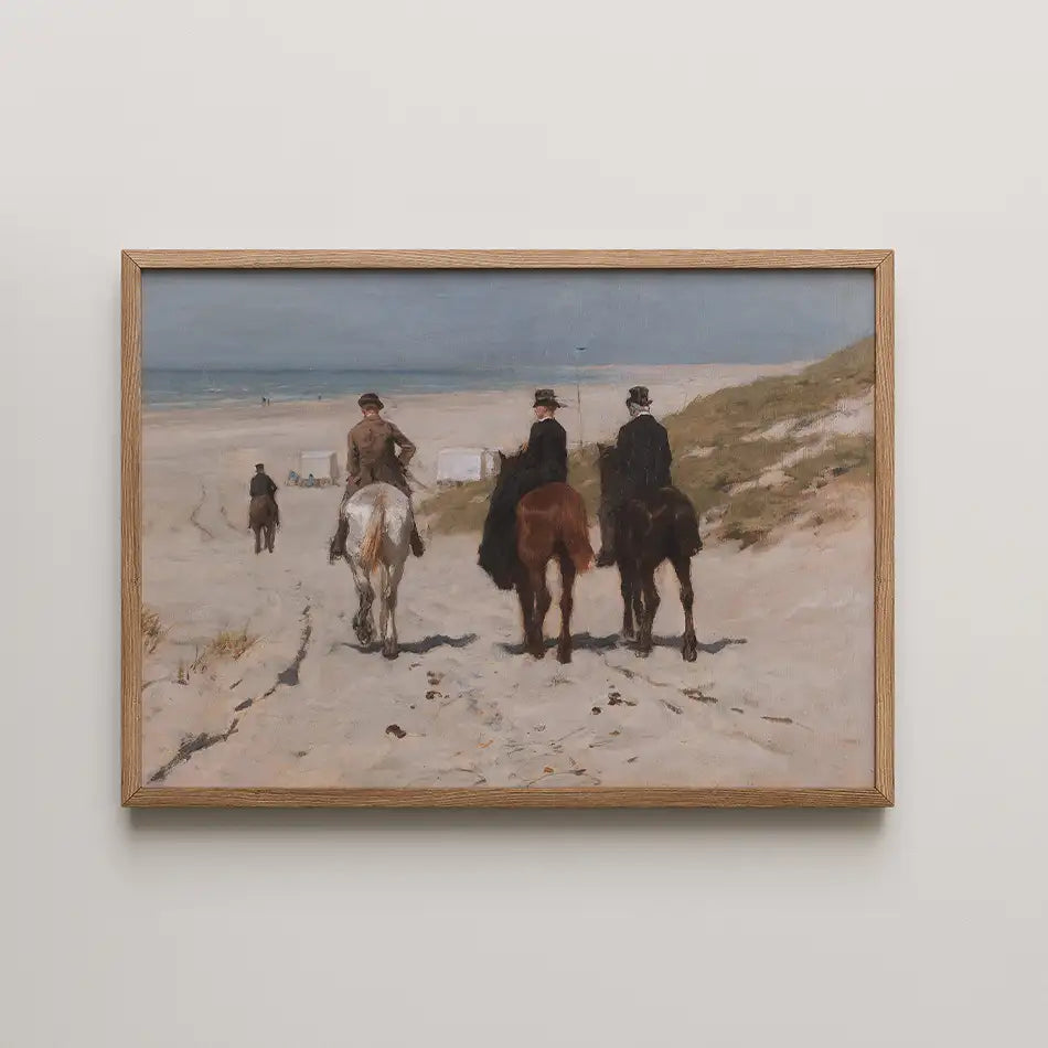 Painting of four riders on horseback walking along a beach path with a serene ocean backdrop.
