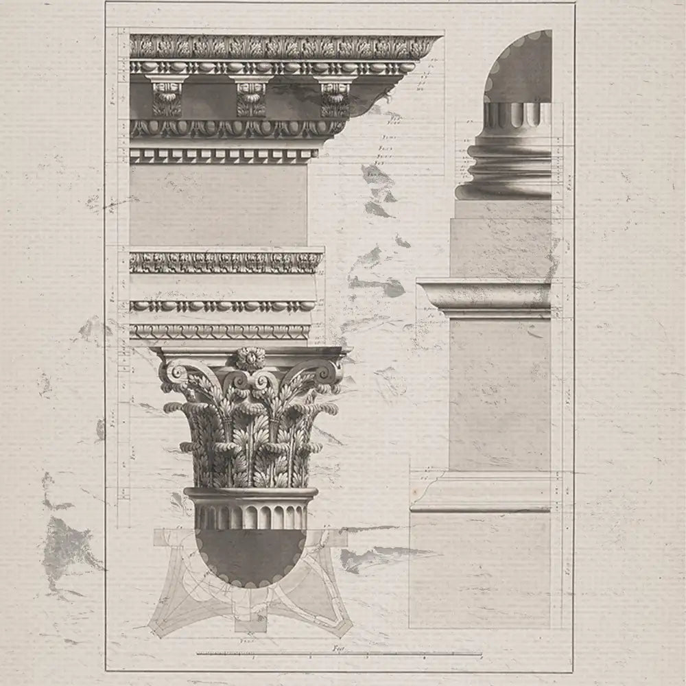 Architectural drawing featuring classical columns and decorative elements in a monochromatic design.