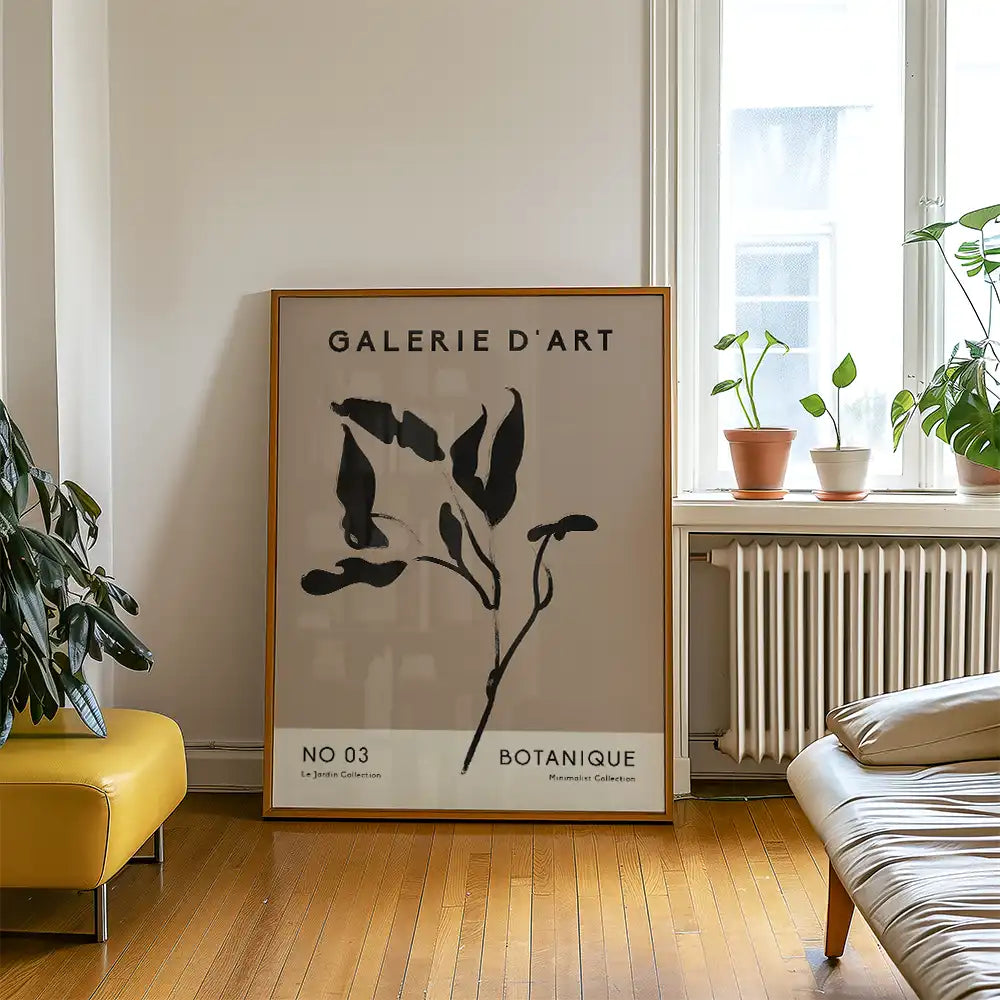 Modern art poster featuring botanical designs, framed and styled in a chic interior with plants and contemporary furniture.