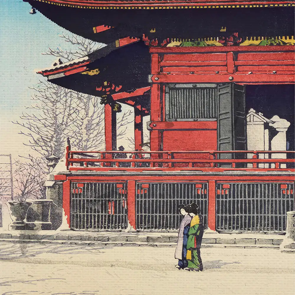 Traditional Japanese watercolor painting featuring a vibrant red temple and two figures standing quietly in front.