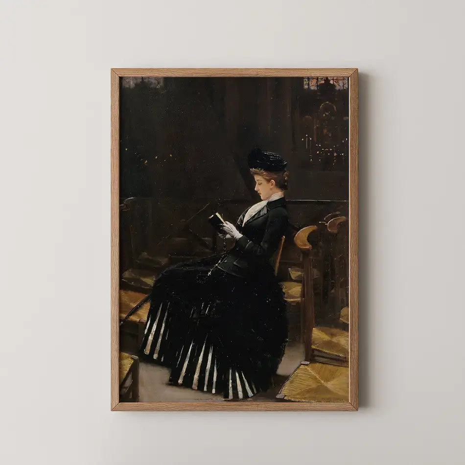 Victorian woman sitting and reading in a church, wearing a black dress and hat, framed painting on a white wall.