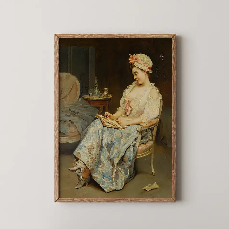 Painting of a woman sitting in a chair, reading a book, wearing a floral dress and a matching headpiece, with a softly lit background featuring a small table and a sofa.